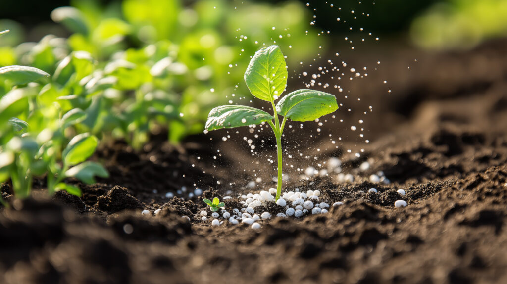 En ung planta i frisk jord omgiven av vita gödselkulor för optimal näring.